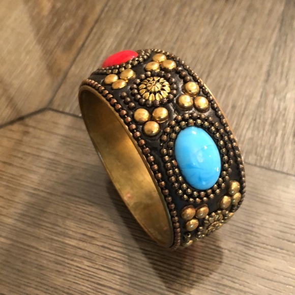 Vintage Jewelry - Boho Chic Brass Bangle Glass Cabochons Brass Studs